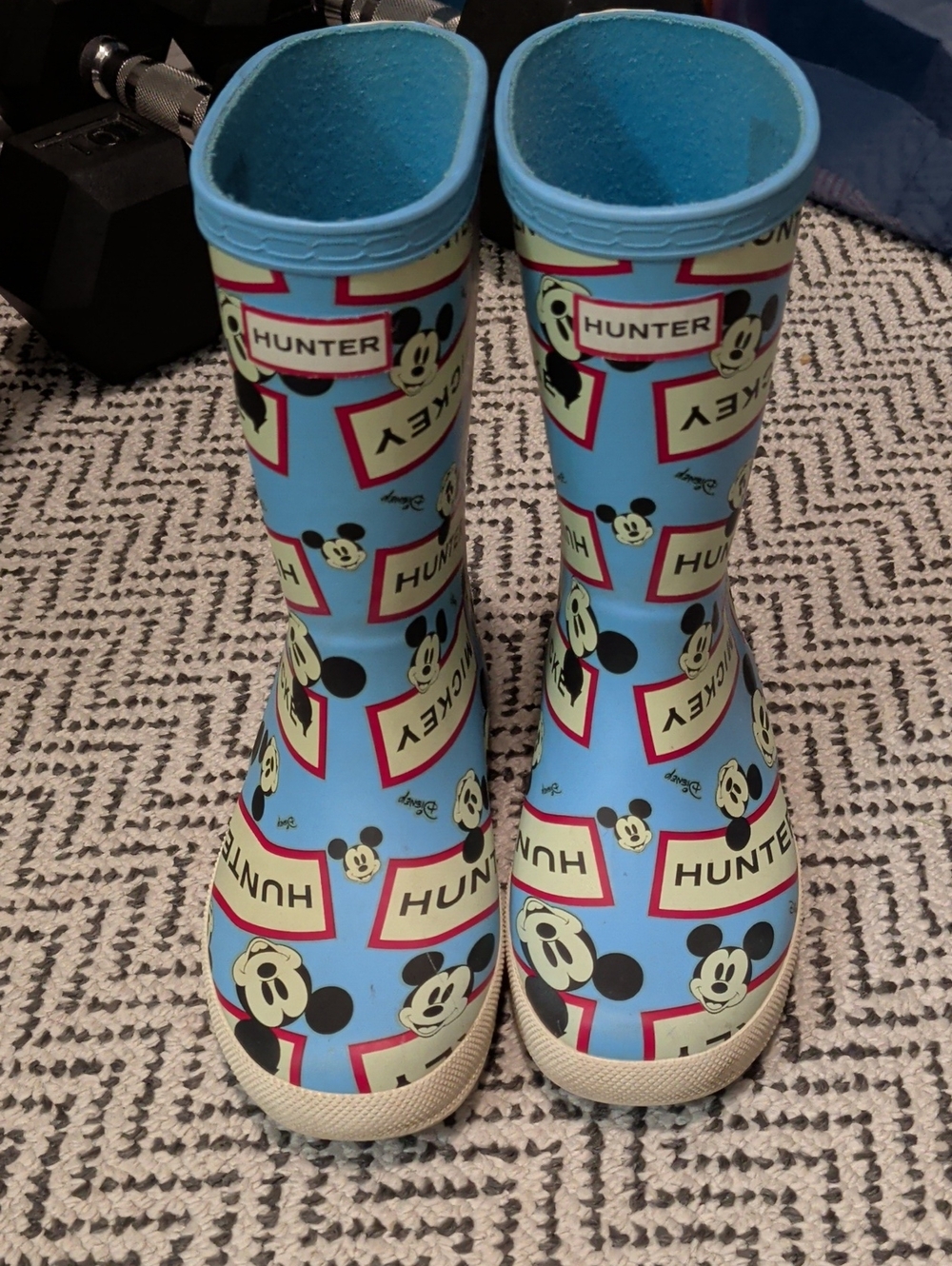 Hunter Kids Light Blue Mickey Print Rain Boots with Cream Accents